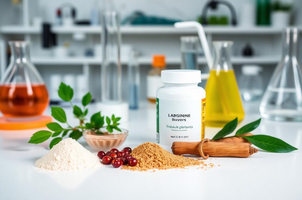 Alpha Labs Male Enhancement natural ingredients including L-Arginine, Tribulus Terrestris, and herbal extracts in a lab setting